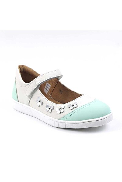 tino Pantofi usori , de copii , din piele naturala, cu flori 1793-ALB/TURCOAZ