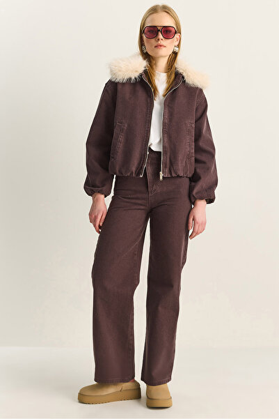 Bianco Lucci Women's Mobile Faux Fur Collar Lined Pocket Detail Denim Bomber ...