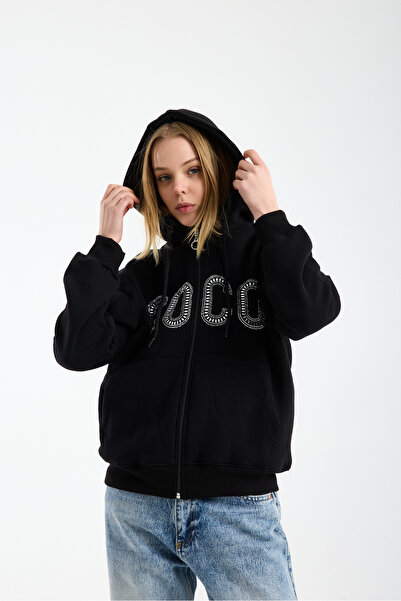 HEDEF DAİSY Women's Tops Stone Printed Hooded Kangaroo Pocket Zippered Three ...