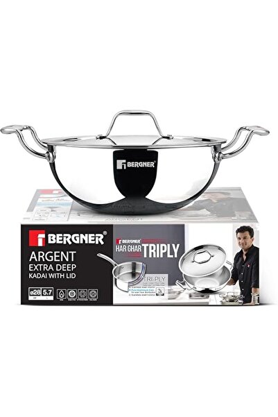 Bergner Argent 28cm 5.7L Tri-Ply Stainless Steel Deep Stir-Fry Pan Lid Health...
