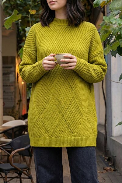 InStyle Embossed Striped Pattern Oil Green Knitwear Tunic