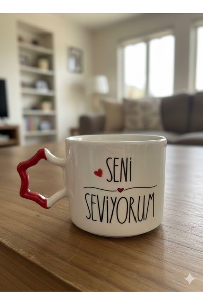 PALTO TASARIM I Love You Cream Shiny Star Handle Mug- Gift Ceramic Mug