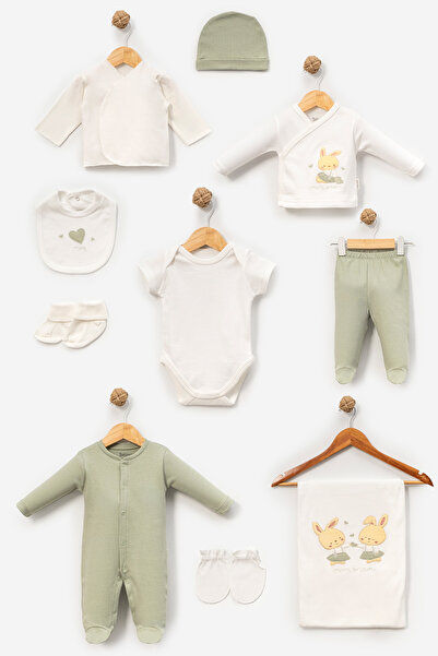 Bebitof Cute Rabbits Patterned 10 Piece Boxed Newborn Hospital Release Bodysu...