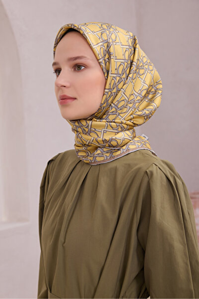 Belli Eșarfă din mătase twill 4214D cu model geometric galben-gri