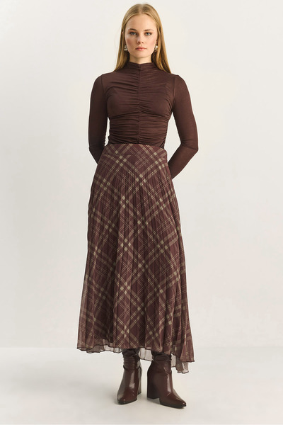 Bianco Lucci Women's Plaid Patterned Pleated Lined Chiffon Skirt 60283904