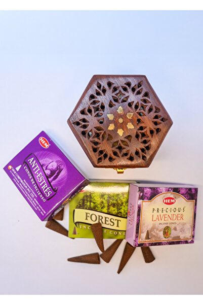 memyap Ahşap Konik Tütsülük + 3’lü Konik Tütsü Seti – Lavanta, Forest ve Anti...