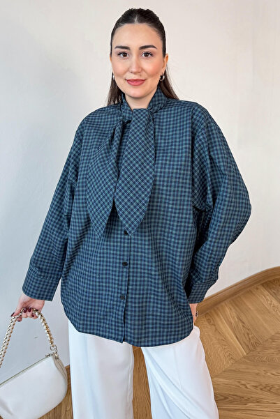 Cappmoda GML-0743 Lacivert - Yeşil Ekose Fular Detaylı Gömlek