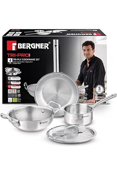 Bergner Tripro 4-Pc Triply Stainless Steel Cookware Set - Induction & Gas Com...
