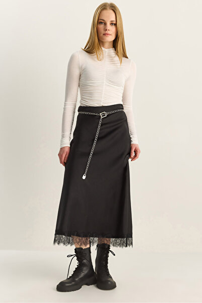 Bianco Lucci Fusta maxi din satin cu detaliu din dantelă pentru femei 60283907