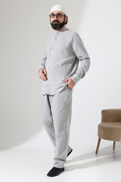 ihvan online Men's Muslin Hakim Collar Shirt and Pants Two-Piece Set, Modern ...