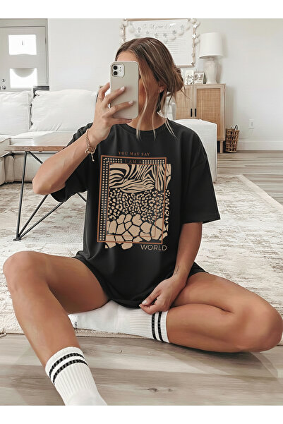 caddekombin Femei World cu imprimeu guler rotund Negru tricou
