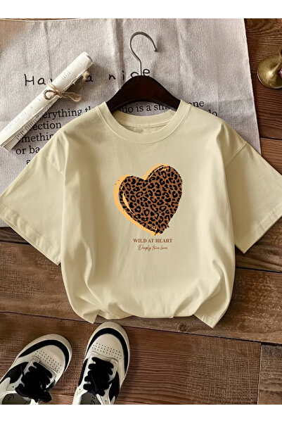 caddekombin Women's Wild at Printed Crew Neck Beige T-Shirt