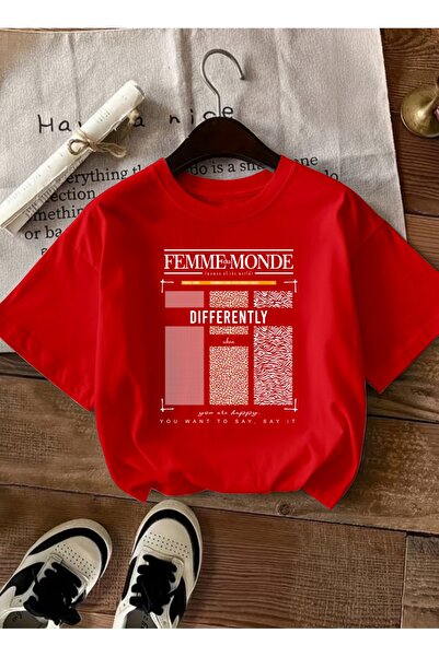 caddekombin Women's Femme Printed Crew Neck Red T-Shirt