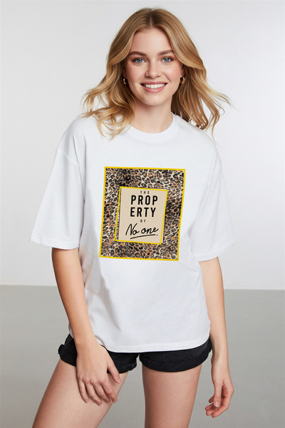 caddekombin Γυναικείο μπλουζάκι με λεοπάρ σχέδιο με τύπωμα με λαιμόκοψη λευκό