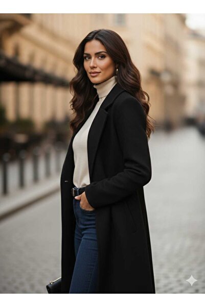 MODA Μαύρο παλτό κασμίρι υψηλής ποιότητας με δετές λεπτομέρειες και σκίσιμο, ...