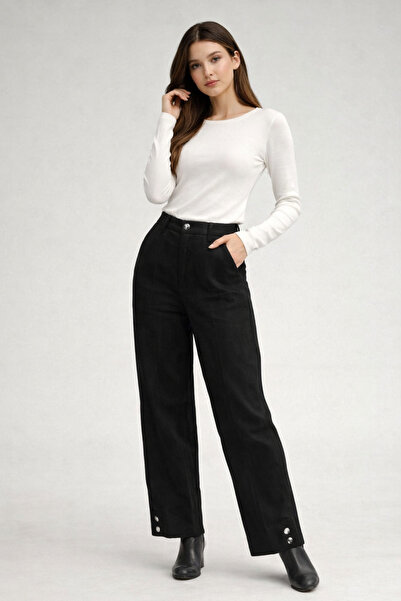 Rich Women's Black Corded Fabric Button Detailed Trousers