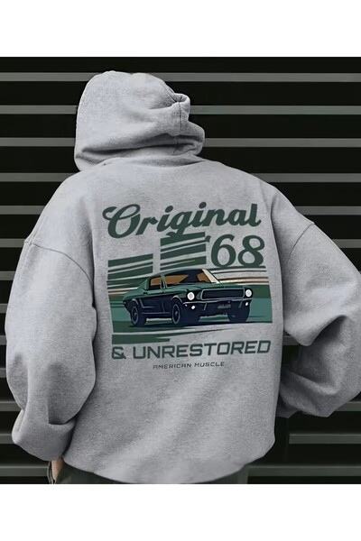 LELVANİ Men's Original 68 Printed Gray Hoodie Sweatshirt