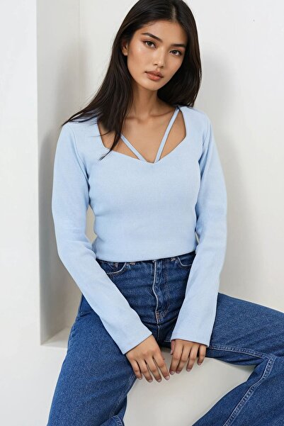 Trend Alaçatı Stili Damenbluse mit Herzausschnitt und langen Ärmeln, blau, St...