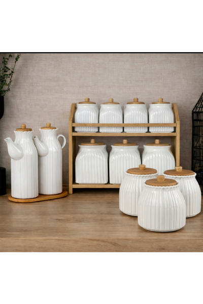 Pembelia Life 13 Parça Bambu Standlı 2li Yağdanlık,3’lü Kavanoz,7li Standlı B...