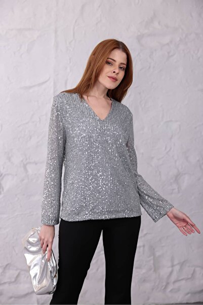 Pulli Collection Sequined V-Neck Long Sleeve Sparkling Women's Blouse
