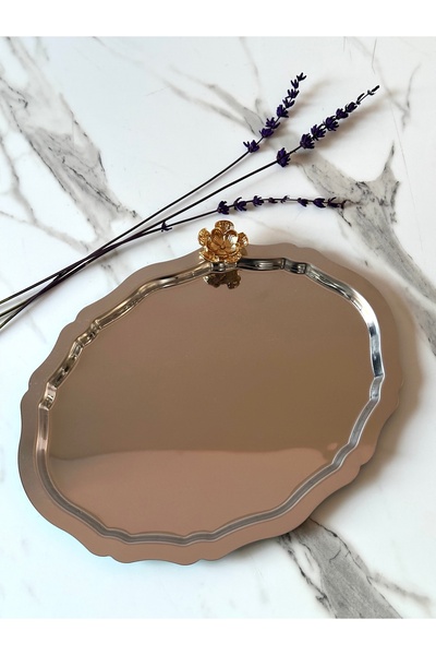 Melinda Çiçek Detaylı Gümüş Oval Tepsi Çay,Kahve,İkram Servis Sunum Tepsisi (...