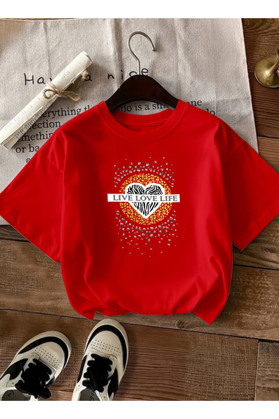 caddekombin Women's Live Love Life Slogan Heart Printed Crew Neck Red T-Shirt