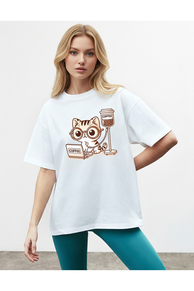 caddekombin Γυναικείο μπλουζάκι Cat με τύπωμα με λαιμόκοψη λευκό