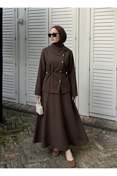Foremia Cross Buttoned Skirt Suit-Brown
