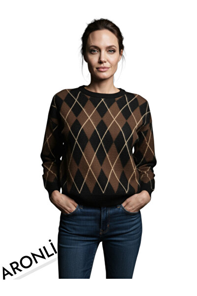 Knitoryx Kadın Baklava Desenli Oversize Triko Kazak - Retro Argyle Desen Yumu...