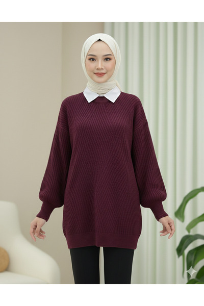 Kirazgym Striped Patterned Soft Knit Sweater Crew Neck - Burgundy