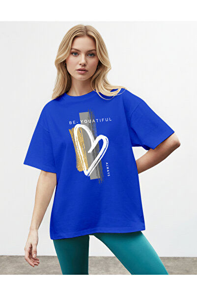 caddekombin Women's Heart Figured Be-Youatiful Written Crew Neck Cobalt Blue ...