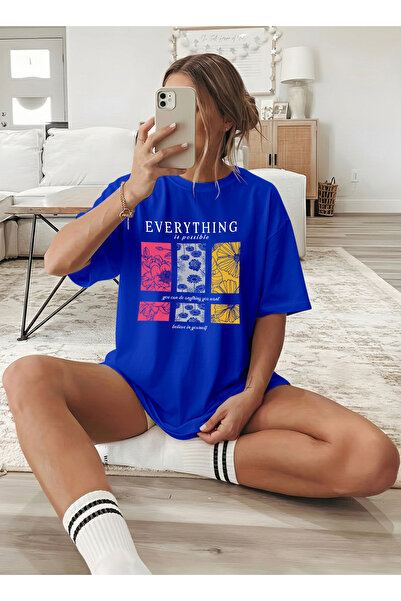 caddekombin Γυναικείο πολύχρωμο λουλούδι με τύπωμα Motivational μπλε κοβαλτίο...