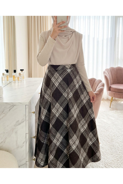 Modamorfo Fustă clopot cu fermoar lateral și model în carouri - Maro