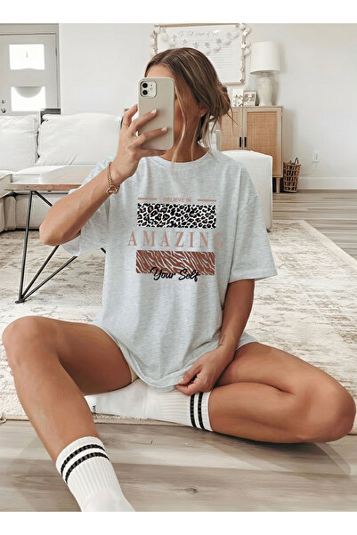 caddekombin Femei Leopard Amazing cu imprimeu guler rotund Gri tricou