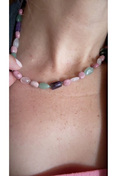 By Song Aksesuar Aventurine Rhodonite Pink Quartz Amethyst Natural Stone Pendant