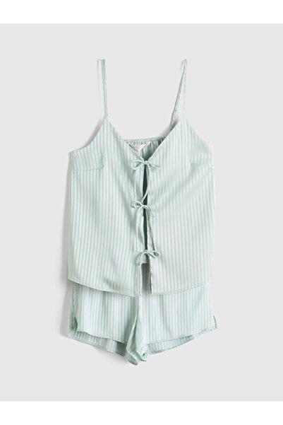 LC Waikiki LCW DREAM Γυναικείο Σετ Πιτζάμες με Πράσινο V-λαιμόκοψη και Ριγέ Τ...