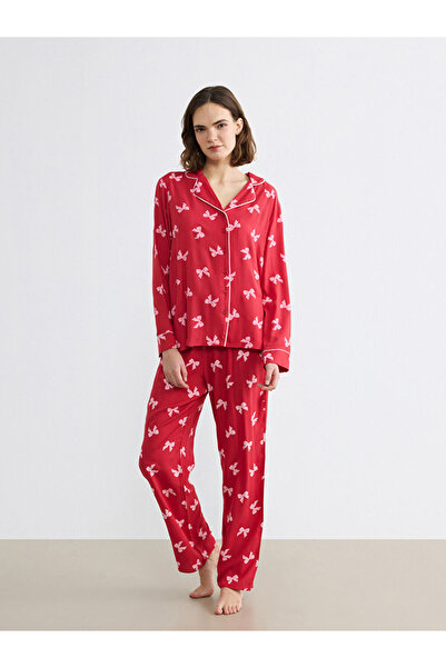 LC Waikiki Red Shirt Collar Bow Printed Women's Pajama Set
