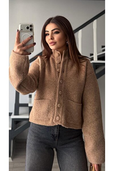 Oslove Dark beige Mock Neck buttoned knitted cardigan