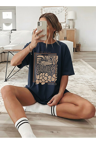 caddekombin Femei World cu imprimeu guler rotund Bleumarin tricou