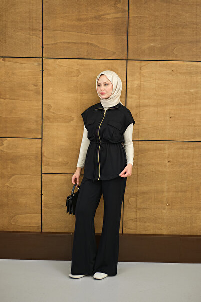 LOCCO Women's Adjustable Waist Gold Zipper Detail Vest Set Set Black