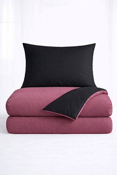 İQON Flat Duvet Cover+Pillowcase Set 100% Cotton Single Size Dusty Rose-Black