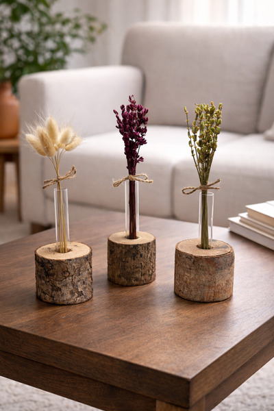 nijiartdesign 3'lü Doğal Ağaç Gövdeli Cam Tüplü Dekoratif Vazo Seti (Çiçekler...