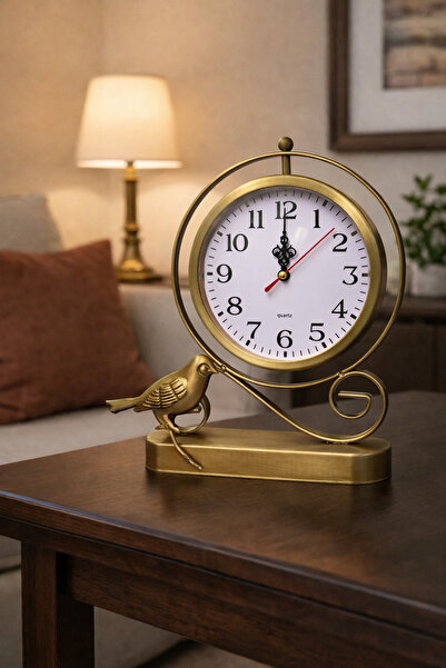 AZELON METAL ESKİTME DEKORATİF KUŞLU MODEL 23 cm * 29 cm EV OFİS MASA SAATİ