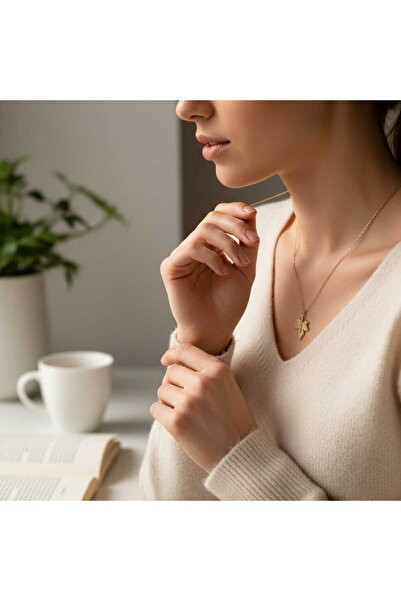 toptanhanem Women's Gold Necklace - Sycamore Leaf Model Chain Necklace with Z...