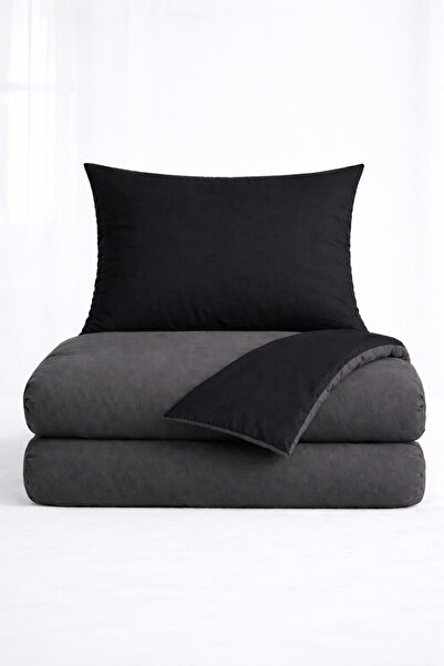 İQON Flat Duvet Cover+Pillowcase Set 100% Cotton Single Size Anthracite-Black
