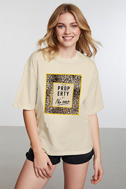 caddekombin Women's Leopard Pattern Printed Crew Neck Beige T-Shirt