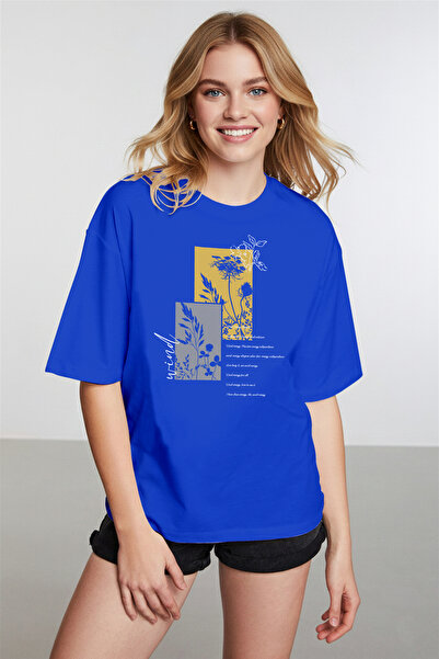 caddekombin Women's Tie-Dye Patterned Floral Printed Crew Neck Cobalt Blue T-...