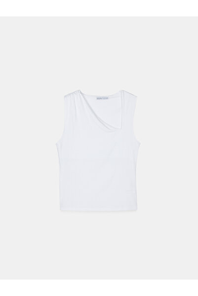 Dilvin 21038 Asymmetrical Gathered Top-White