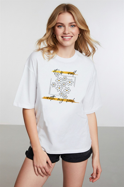 caddekombin Γυναικείο μπλουζάκι με σχέδιο μαργαρίτα, με γράμματα, λευκό μπλου...