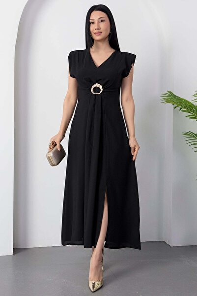 PULLIMM V-Neck Waist Buckled Slit Dress Grs3865